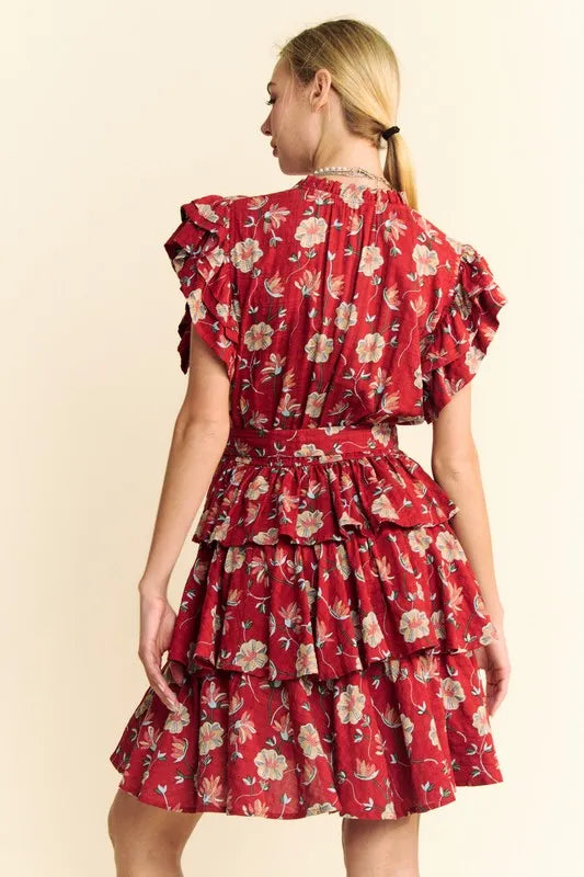 Davi & Dani Ruffle Flutter Sleeve Tie Belt Tiered Mini Dress - cas7m