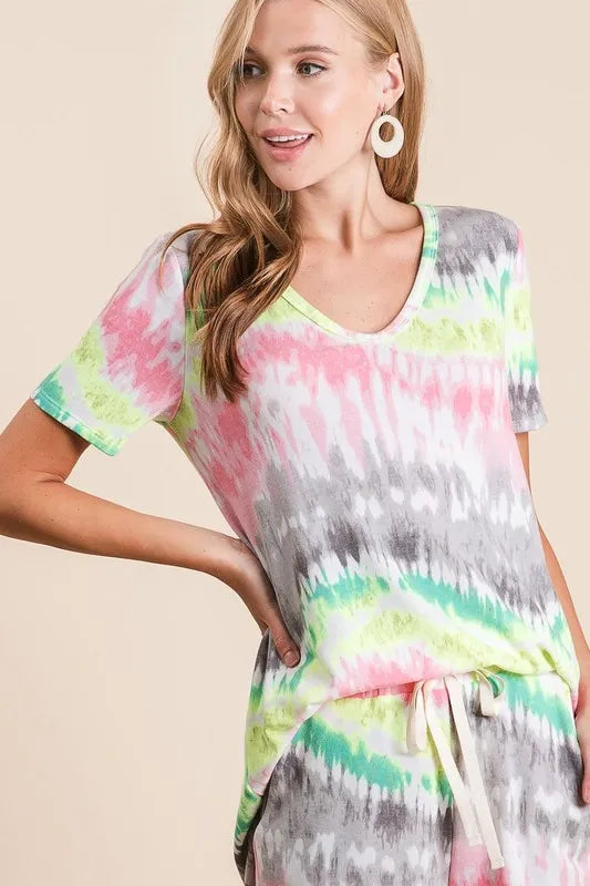 BiBi Tie Dye Print Shorts With Twill Tape Drawstring - cas7m