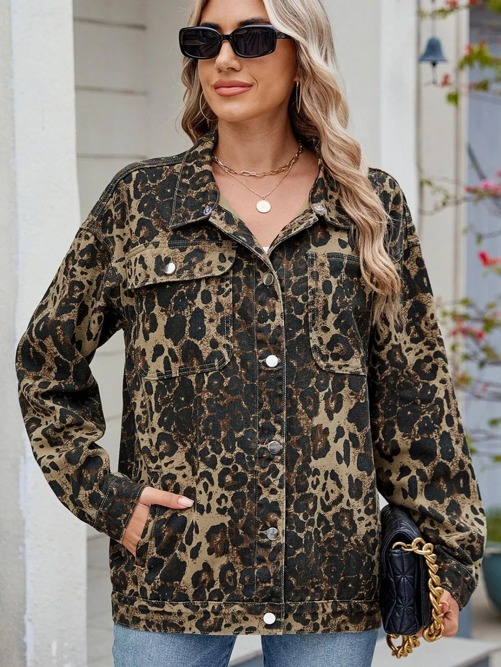 Pocketed Leopard Long Sleeve Denim Jacket - cas7m