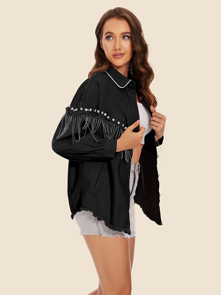 Raw Hem Fringe Detail Denim Jacket - cas7m