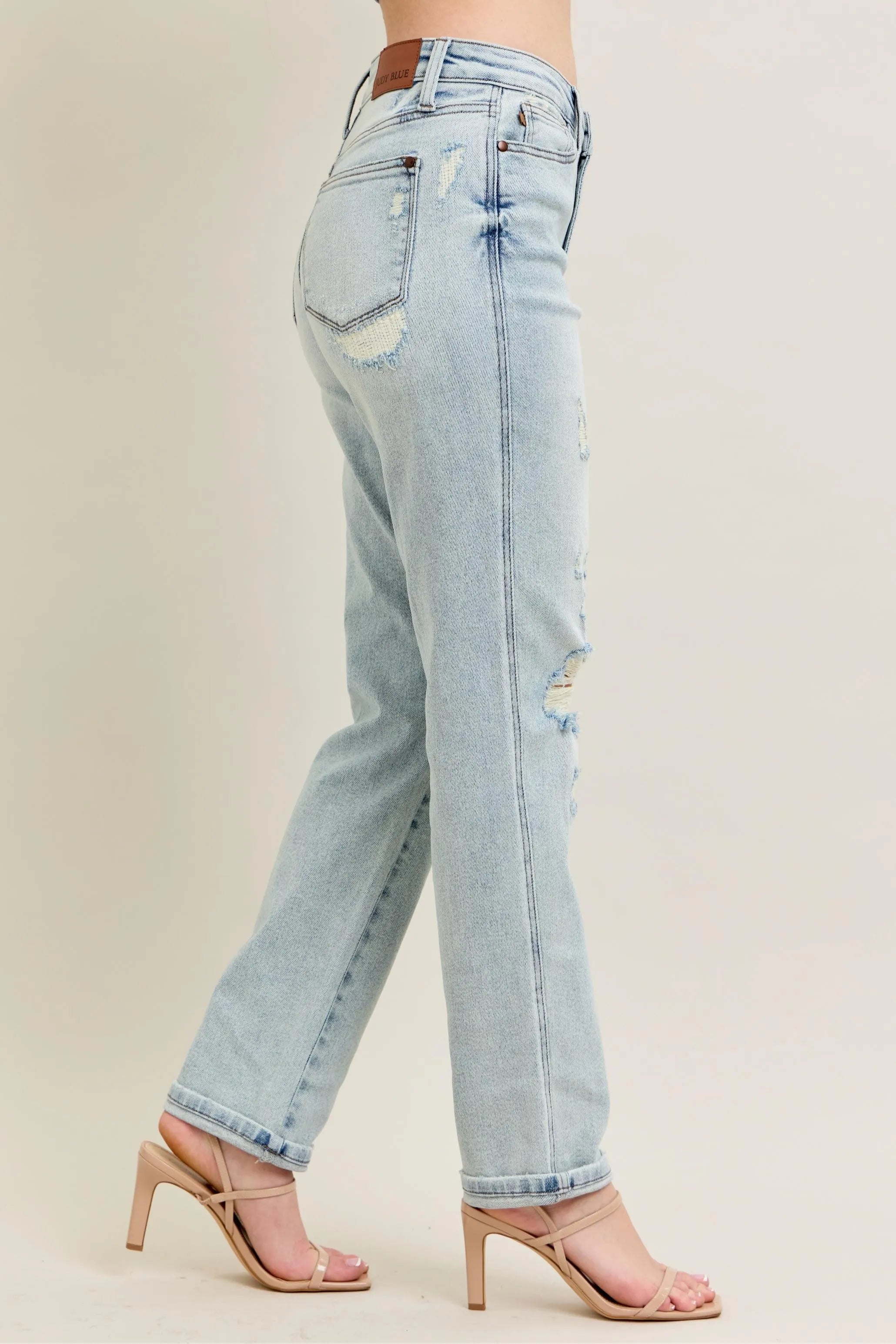 Judy Blue Full Size Mr Repair Stitch Detail Destroy Single Cuff Bf Jeans Plus Size - cas7m