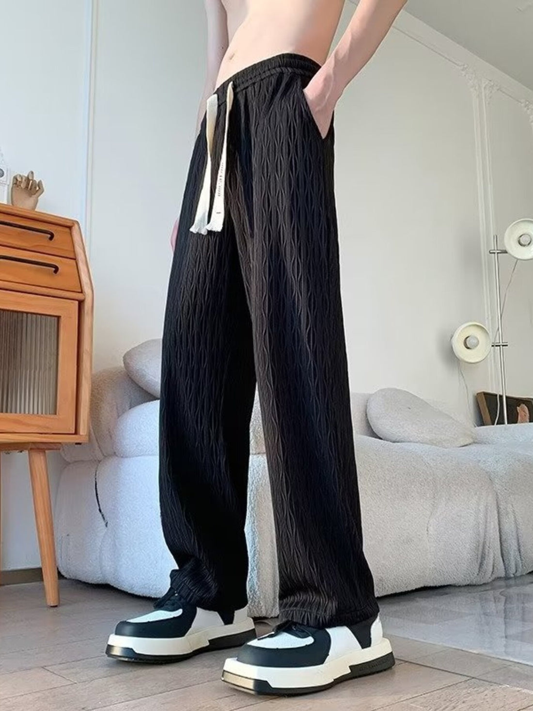 Men's Textured Wide-Leg Drawstring Pants - cas7m