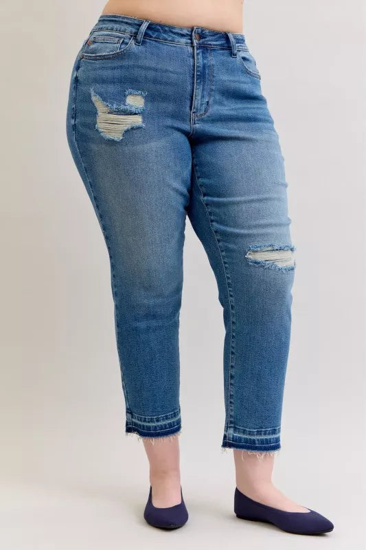 Judy Blue Full Size Mid Rise Bf Patch & Repair Destroy Release Hem Jeans Plus Size - cas7m