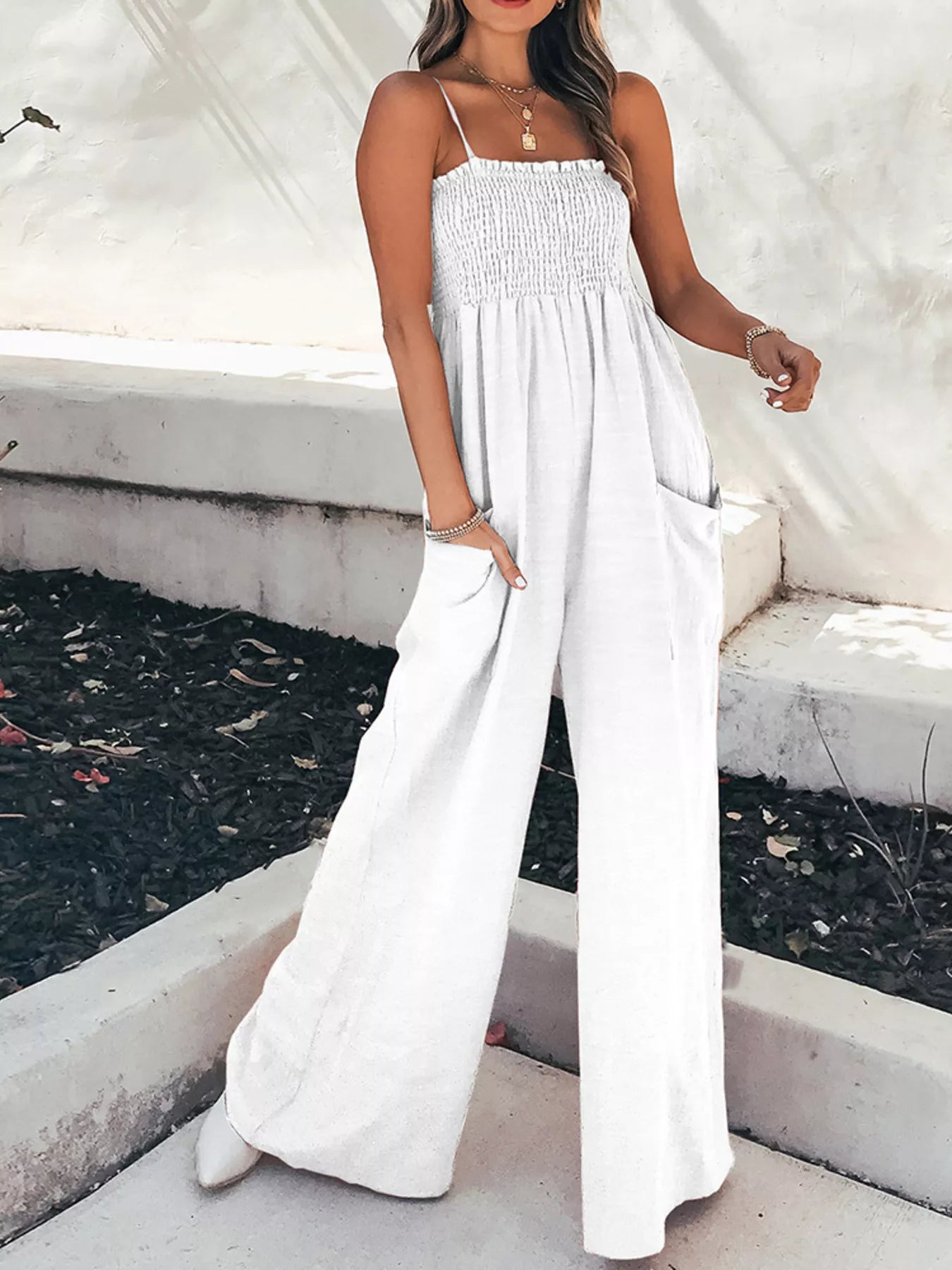 Smocked Wide Leg Jumpsuit - cas7m