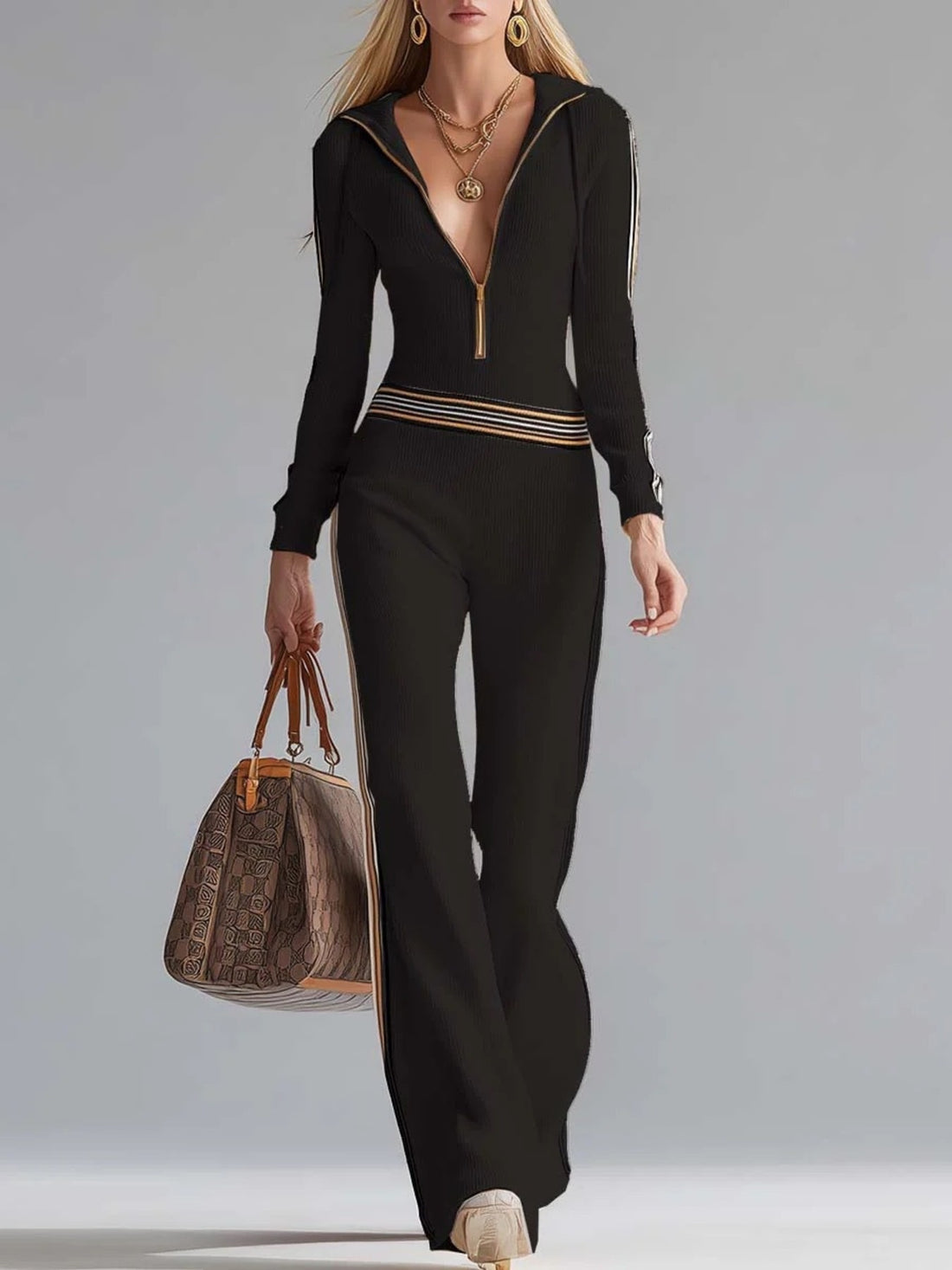 Striped Zip Front Hooded Jumpsuit - cas7m