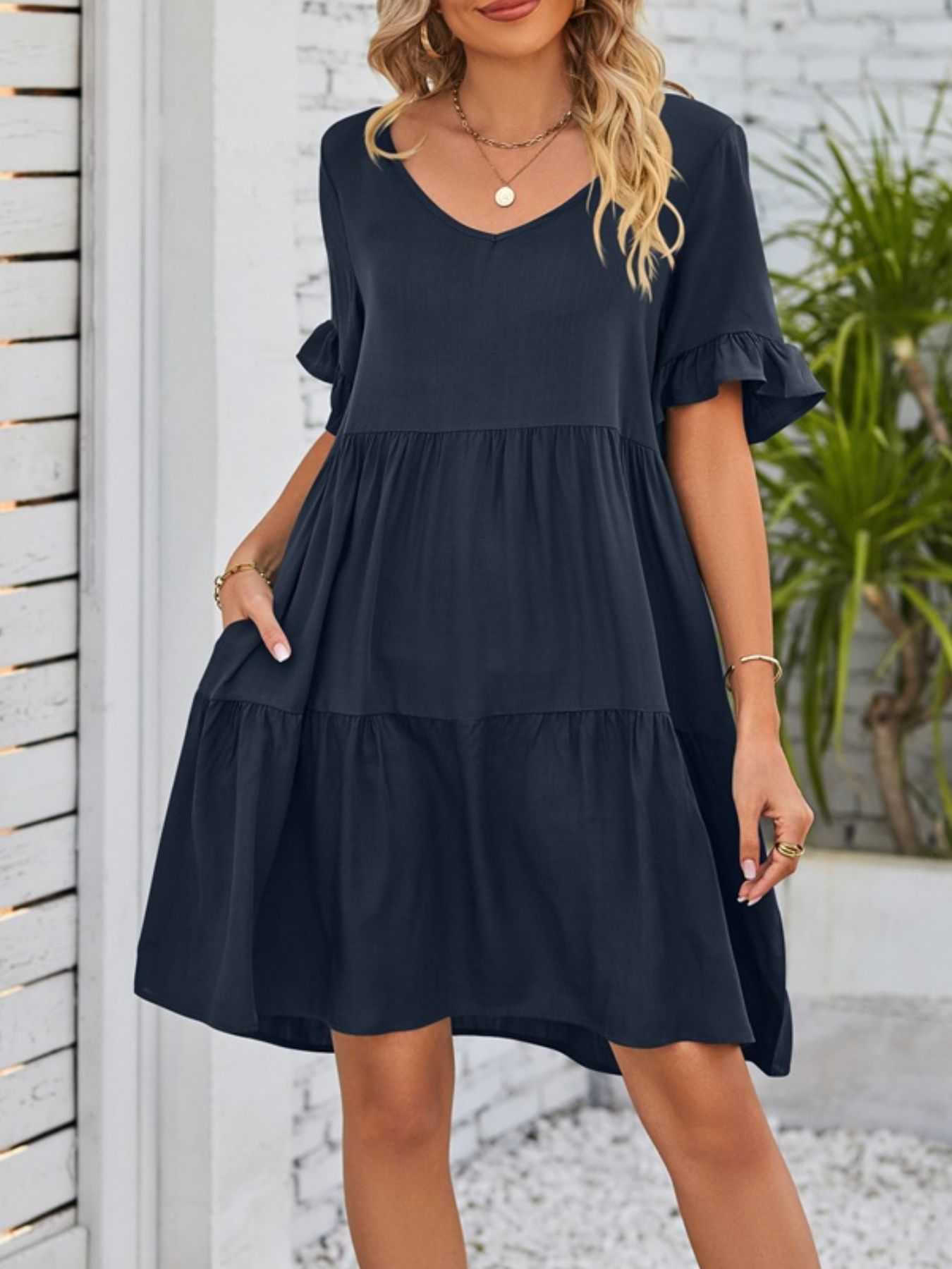 Ruffled Sleeve Tiered Mini Dress - cas7m