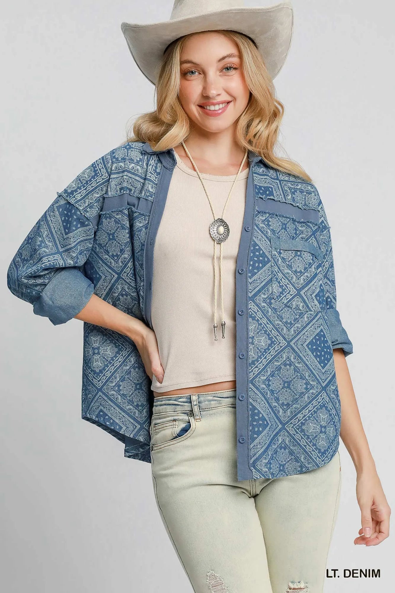 Umgee Paisley Print Denim Shirt Jacket - cas7m