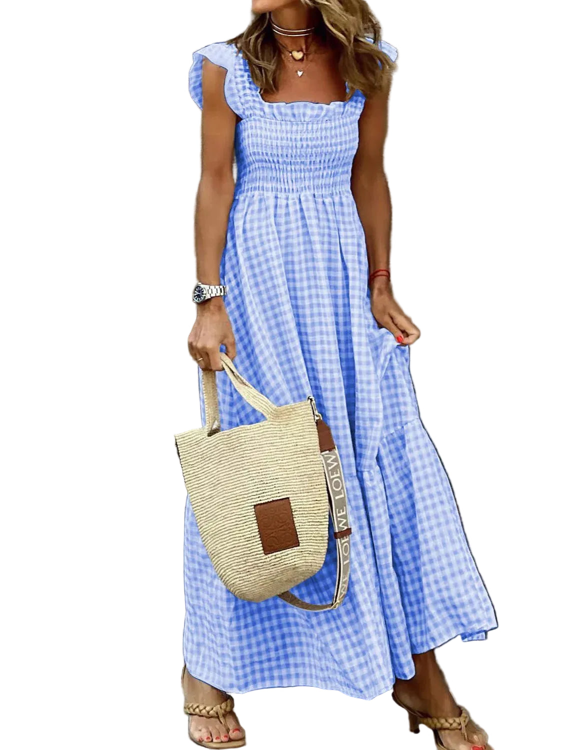 Full Size Gingham Smocked Ruffle Maxi Dress Plus Size - cas7m