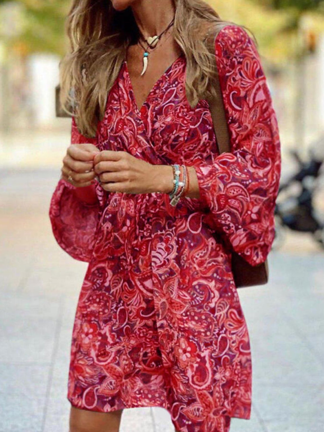 Paisley Print Balloon Sleeve Mini Dress - cas7m
