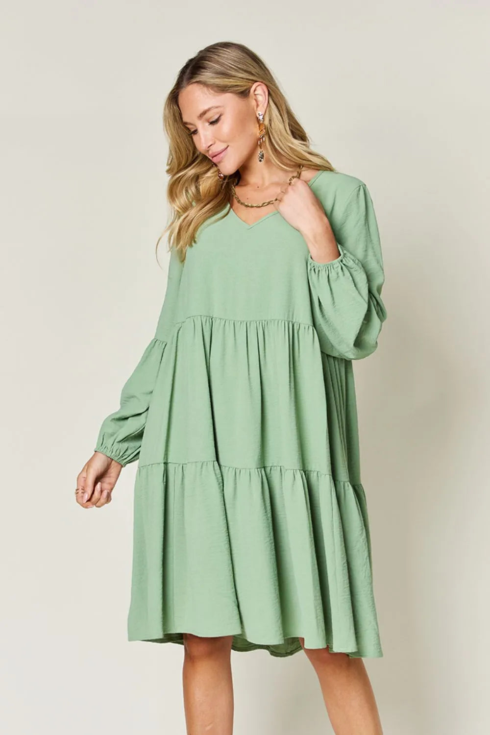 Double Take Full Size V-Neck Balloon Sleeve Tiered Dress with Pockets - cas7m