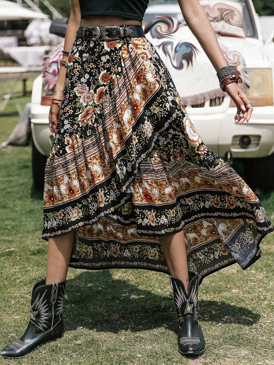 Plus Size Boho Floral Print High-Low Skirt - cas7m