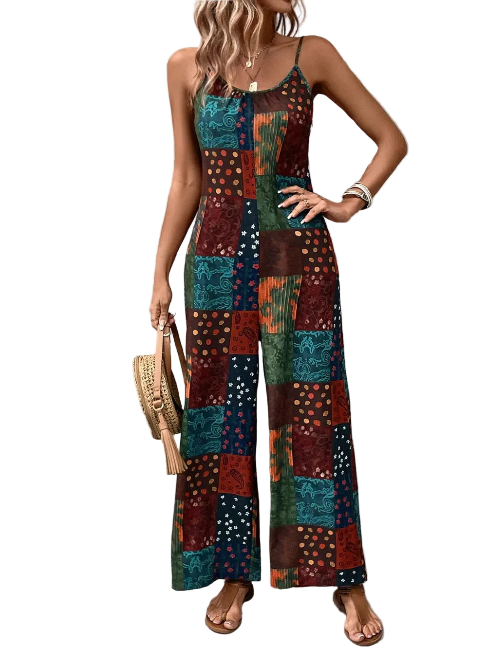 Printed Scoop Neck Spaghetti Strap Jumpsuit - cas7m