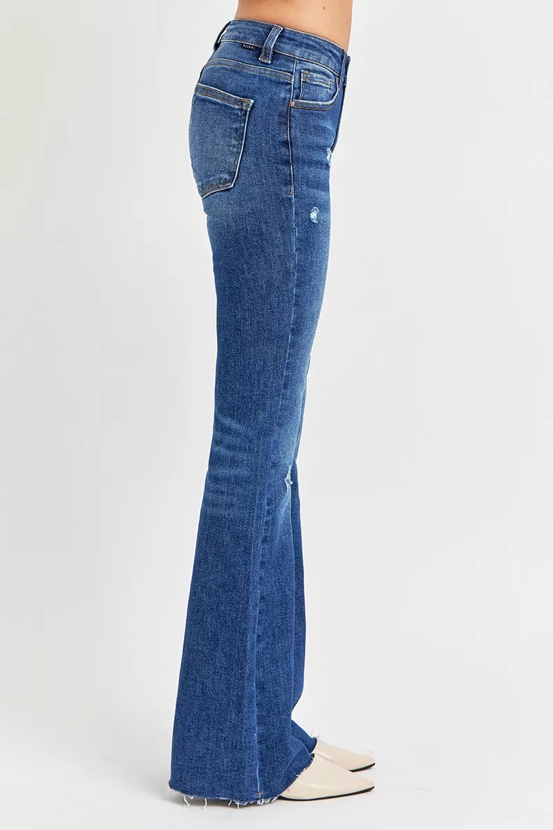 RISEN Full Size Distressed Mid Rise Flare Jeans Plus Size - cas7m