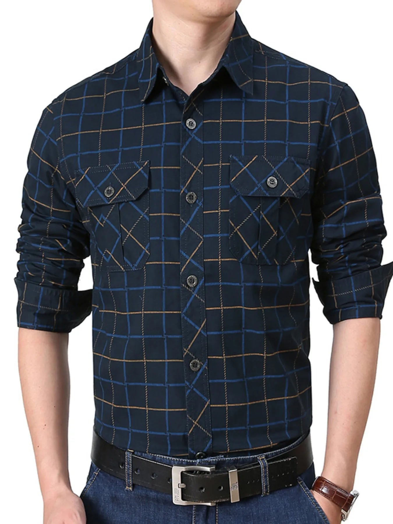 Men's Plus Size Casual Plaid Long Sleeve Shirt - cas7m