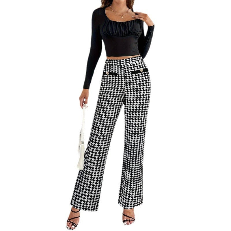 Faux Pocket Fastener Decoration Straight Wide Leg Pants Trousers - cas7m