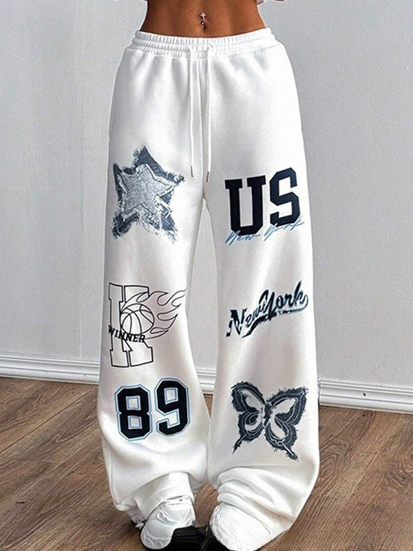Women's Printed Drawstring Straight Sports Casual Pants - cas7m