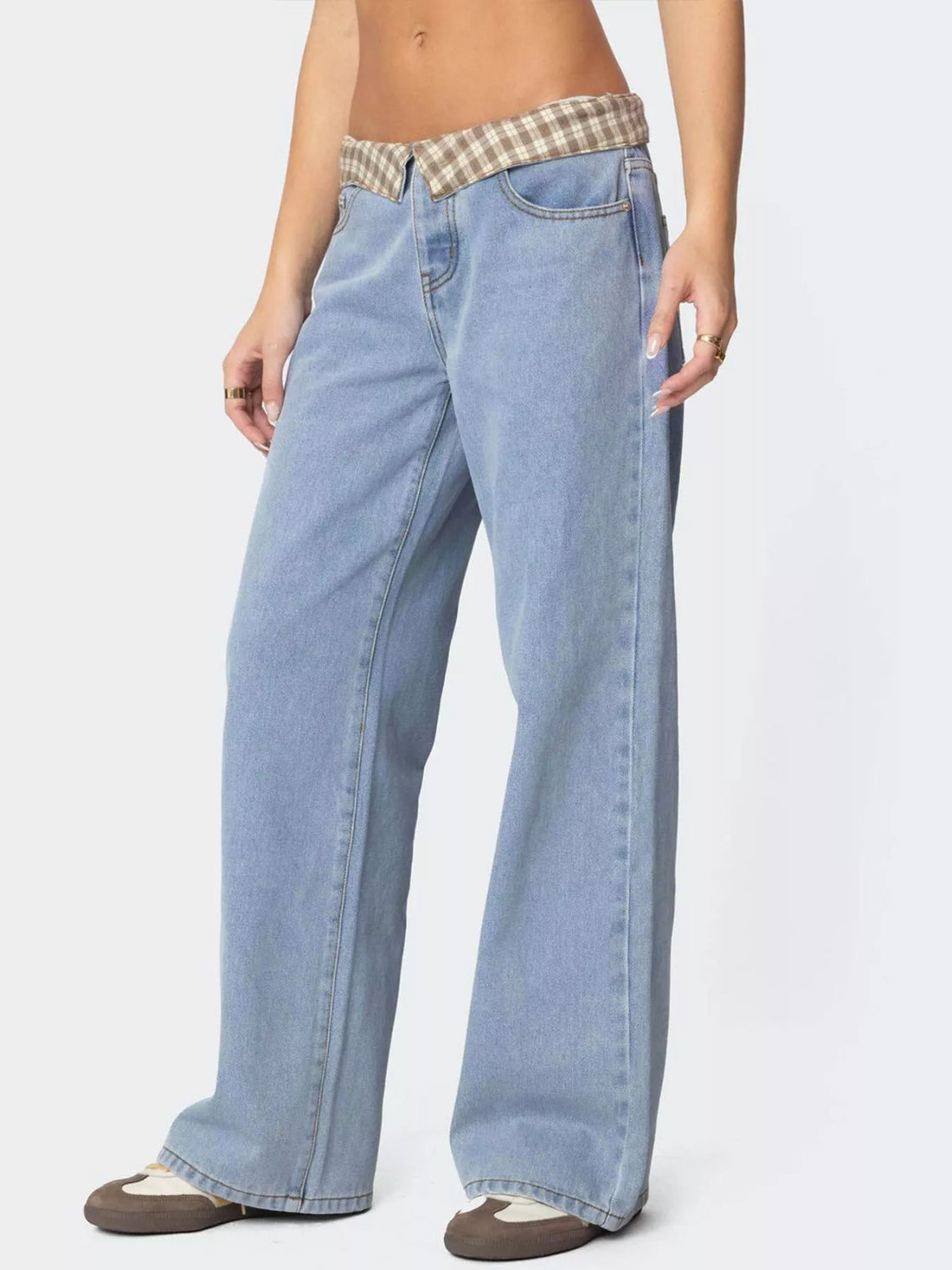 Plaid Trim Wide Leg Jeans - cas7m