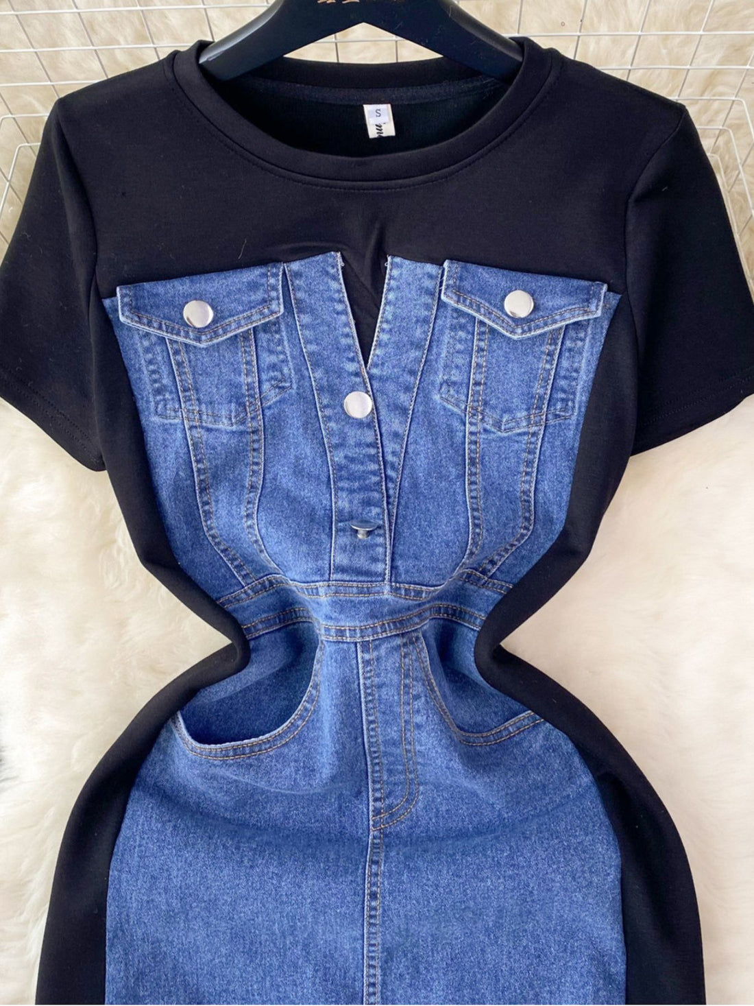 Full Size Denim Patchwork Short Sleeve Slit Back Dress Plus Size - cas7m