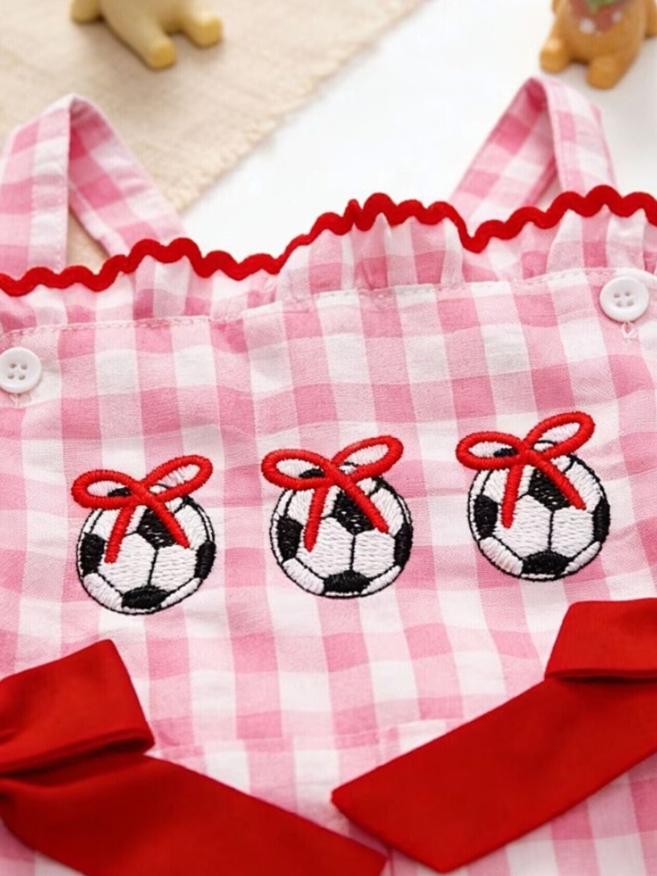 Children's Gingham Soccer Ball Embroidered Ruffle Hem Jumpsuit - cas7m