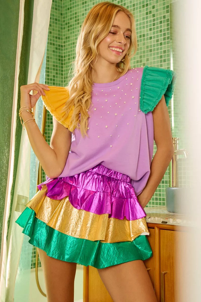 BiBi Mardi Gras Color Block Metallic Tiered Skirt - cas7m