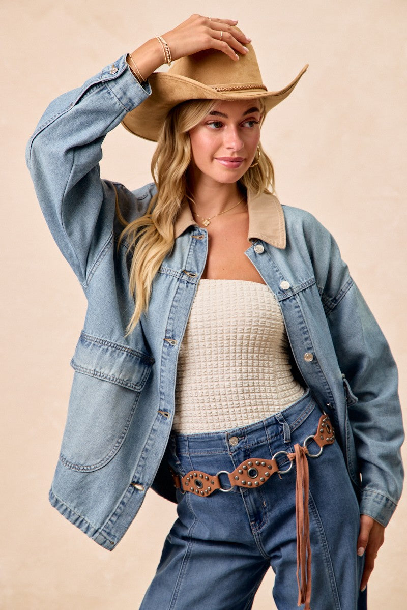 BiBi Washed Denim Jacket with Contrast Collar Detail - cas7m