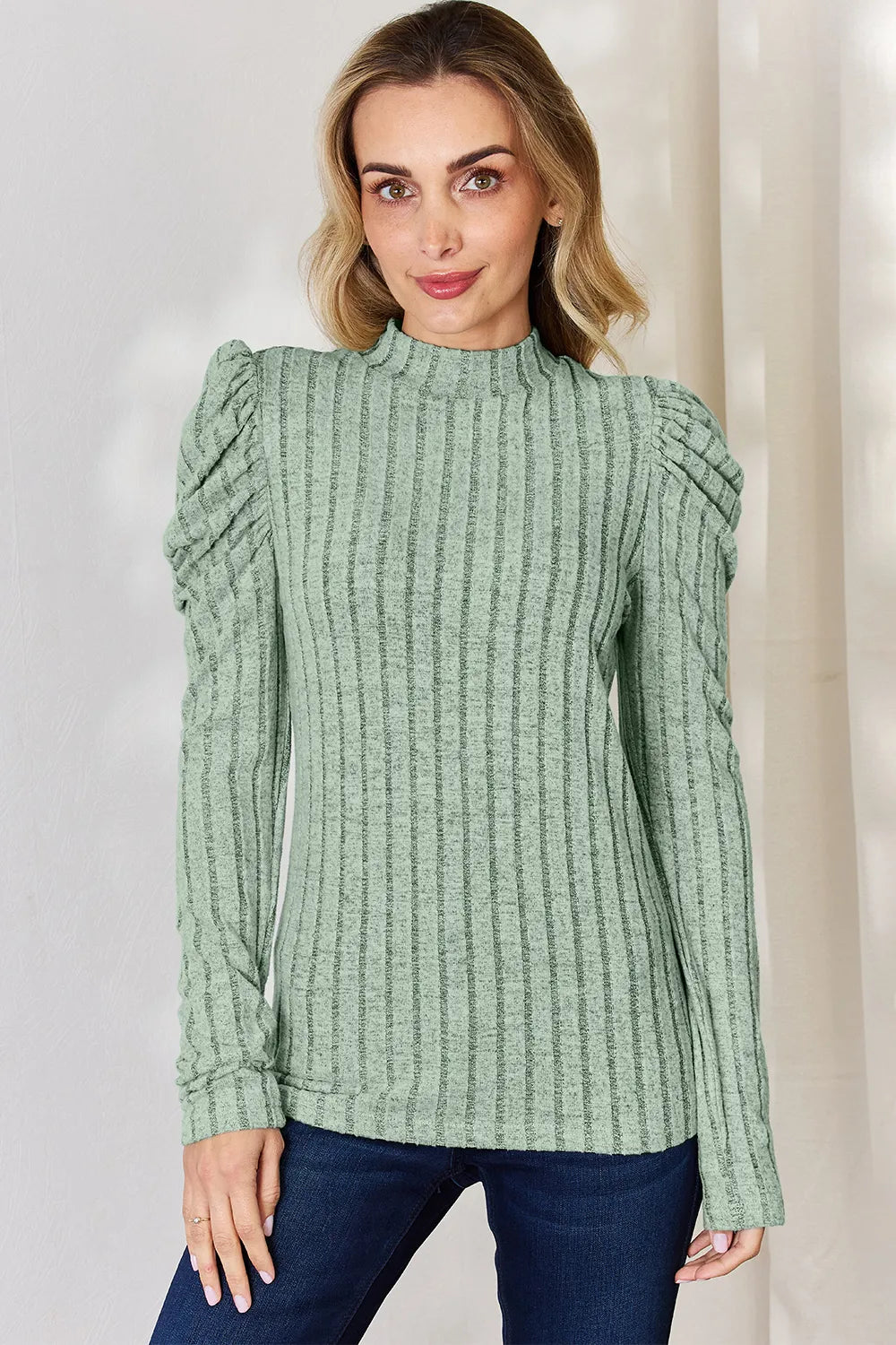 Basic Bae Full Size Ribbed Mock Neck Puff Sleeve T-Shirt - cas7m