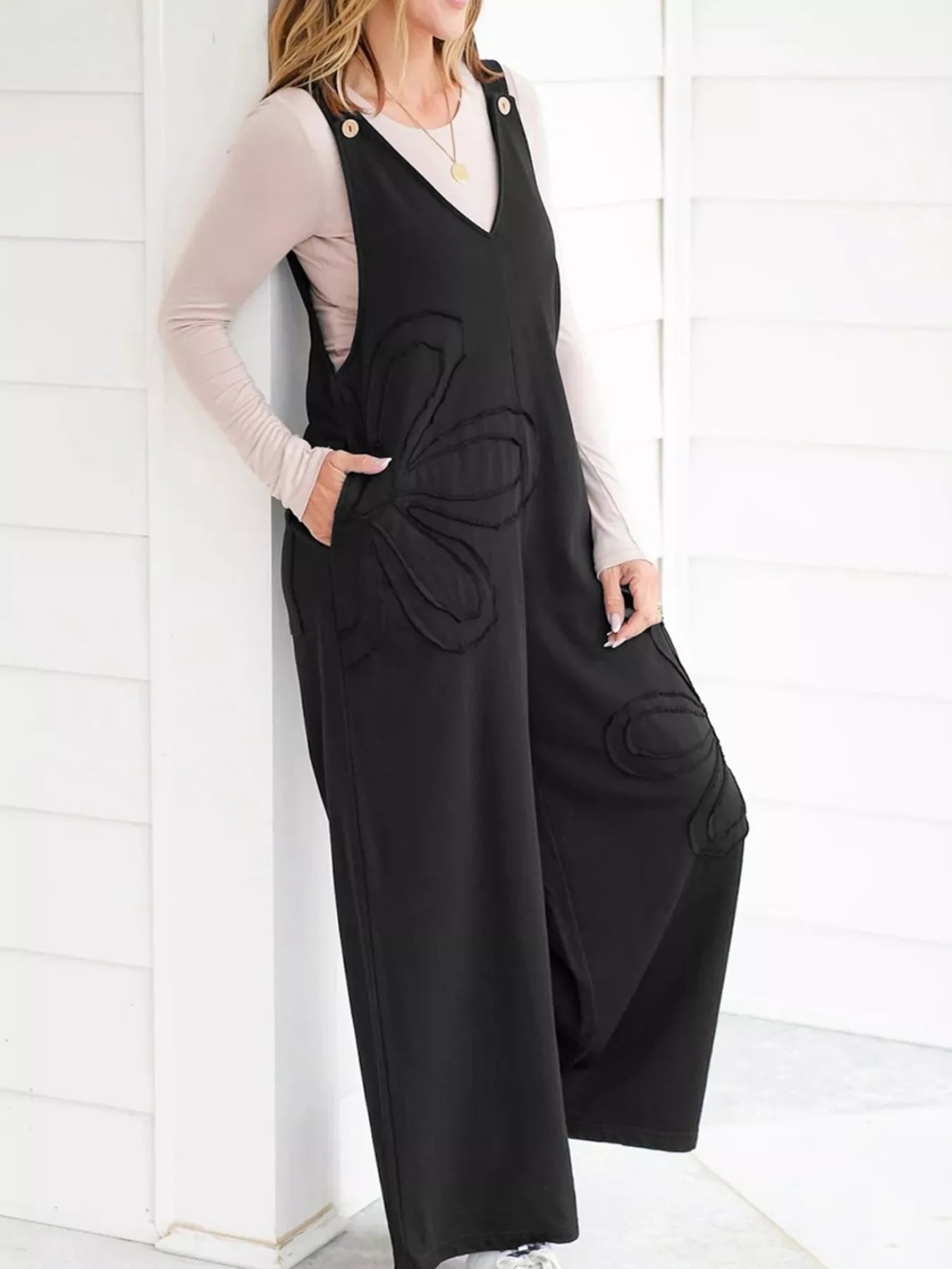 V-Neck Wide Leg Jumpsuit - cas7m