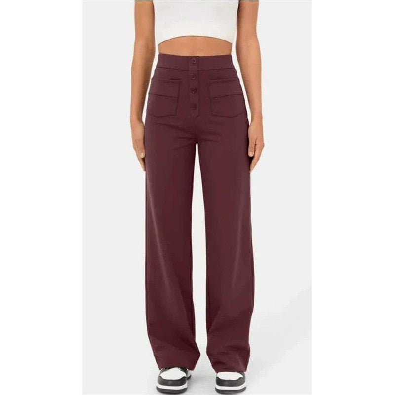 High Waist Trousers With Pockets Casual Loose Wide Leg Button Straight Pants Women's Clothing - cas7m