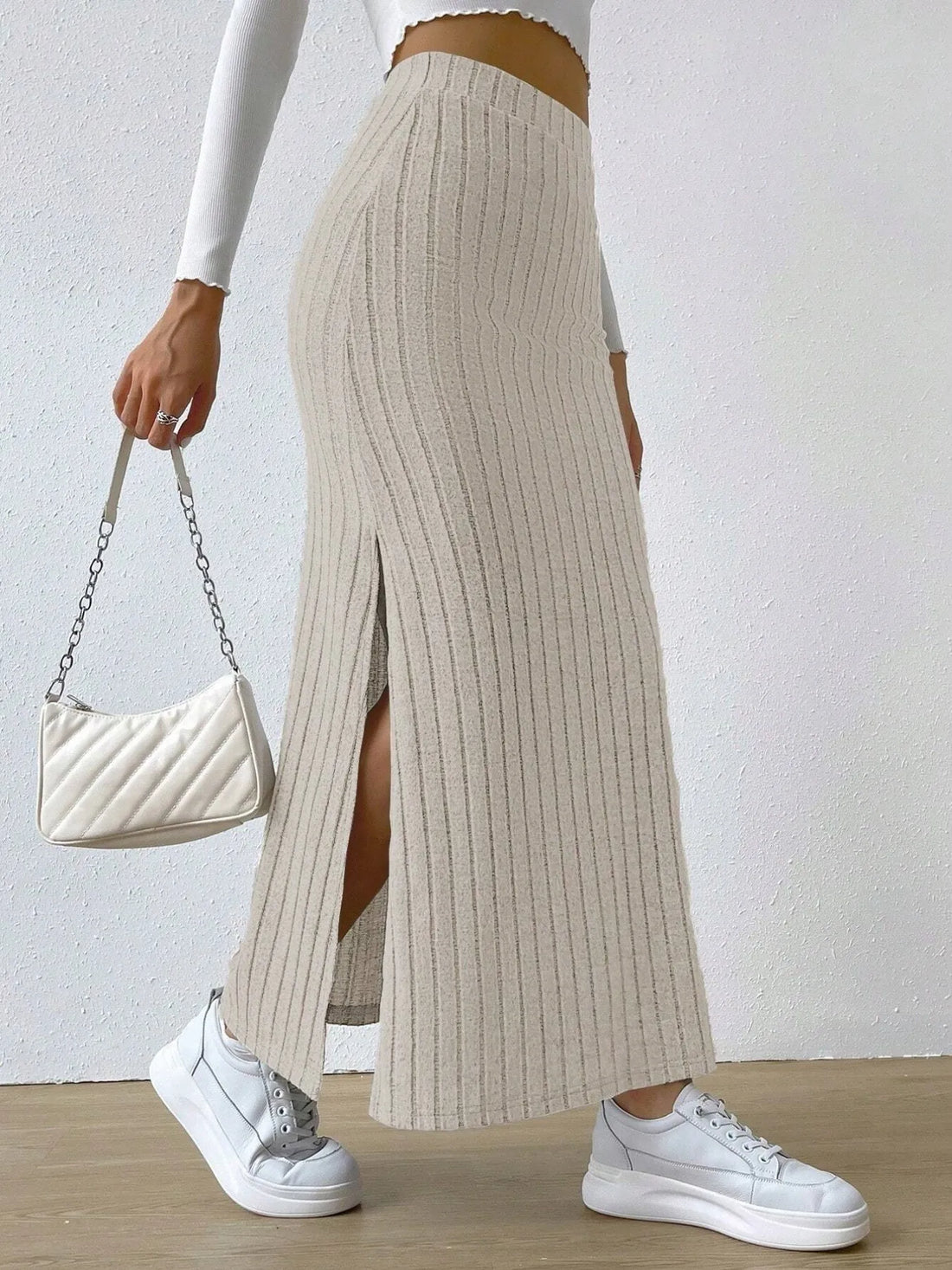 High Waist Ribbed Knit Maxi Skirt - cas7m