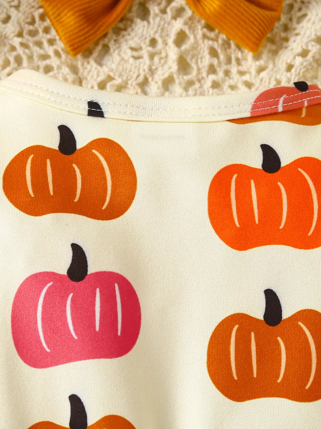 Children's Pumpkin Print Ruffle Dress with Bow Headband - cas7m