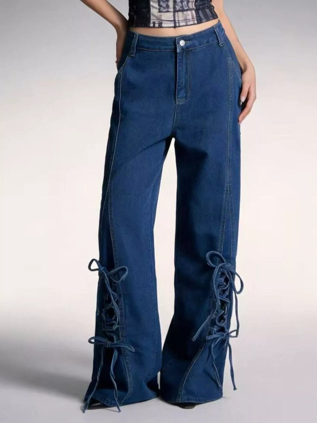 Lace-Up Wide Leg Jeans - cas7m