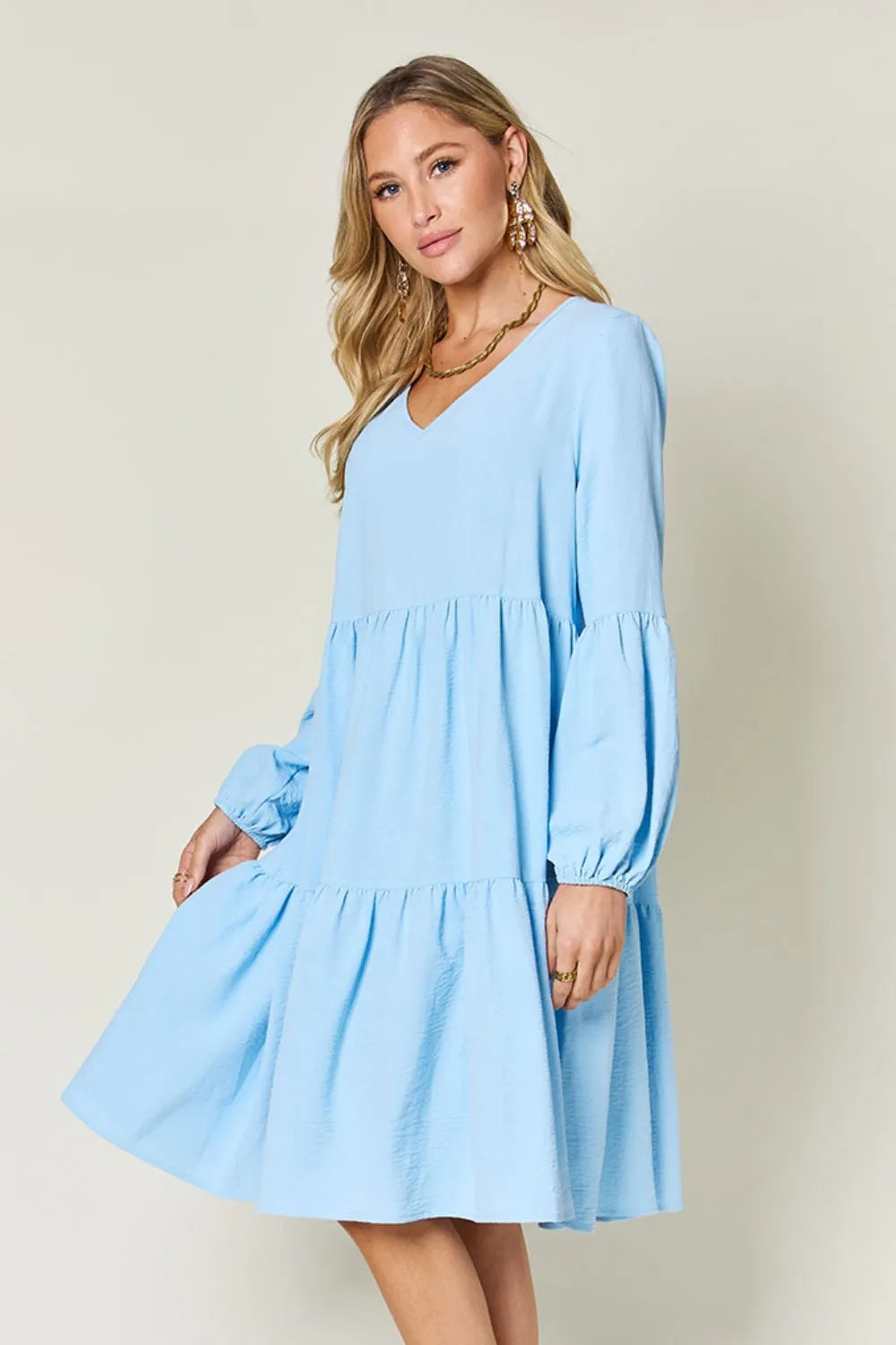 Double Take Full Size V-Neck Balloon Sleeve Tiered Dress with Pockets - cas7m