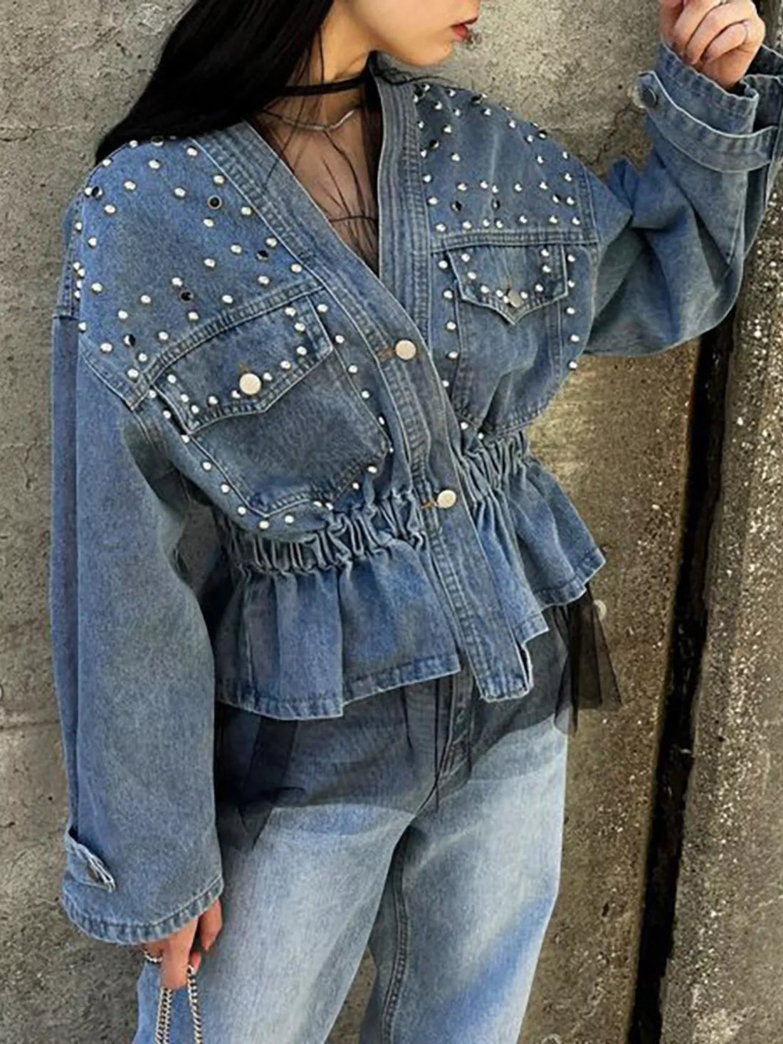 Studded Button Up Denim Jacket - cas7m