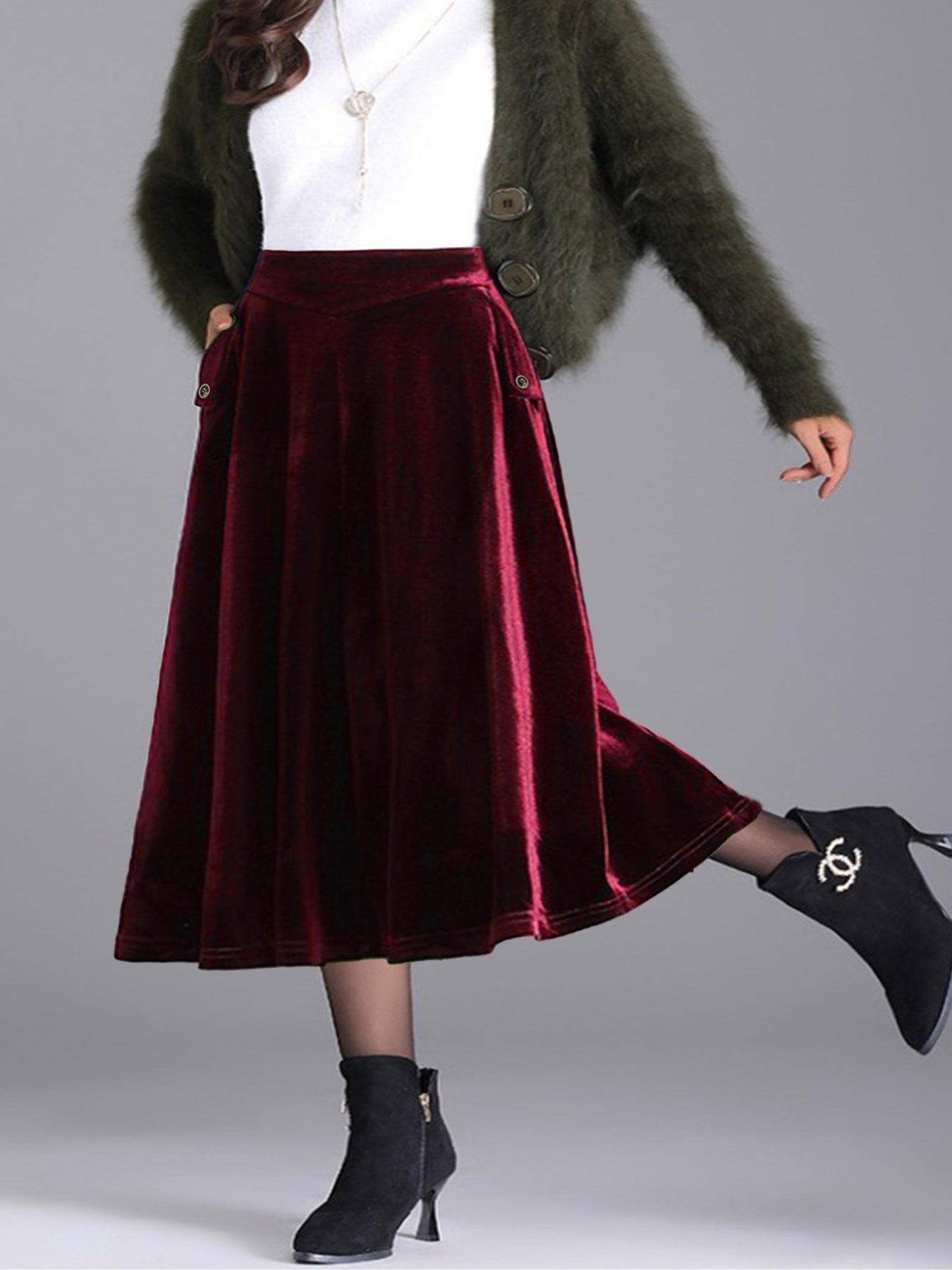 Plus Size Elegant Velvet A-Line Midi Skirt - cas7m