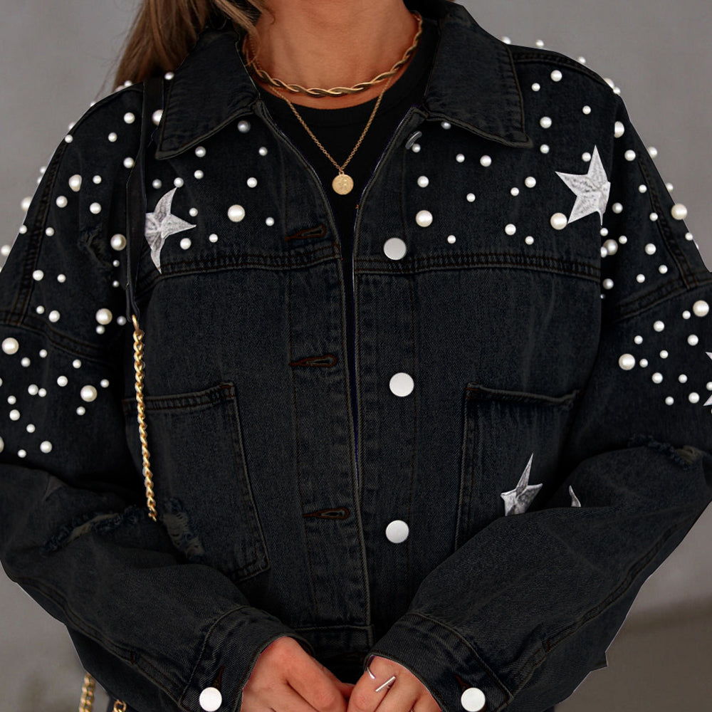 Bead Detail Denim Jacket - cas7m