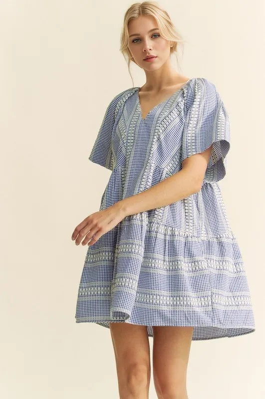 Davi & Dani Embroidered Stripe Ruffled Gingham Mini Dress - cas7m