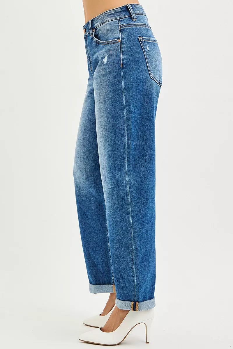 RISEN Full Size Mid Rise Barrel Double Roll Up Jeans Plus Size - cas7m