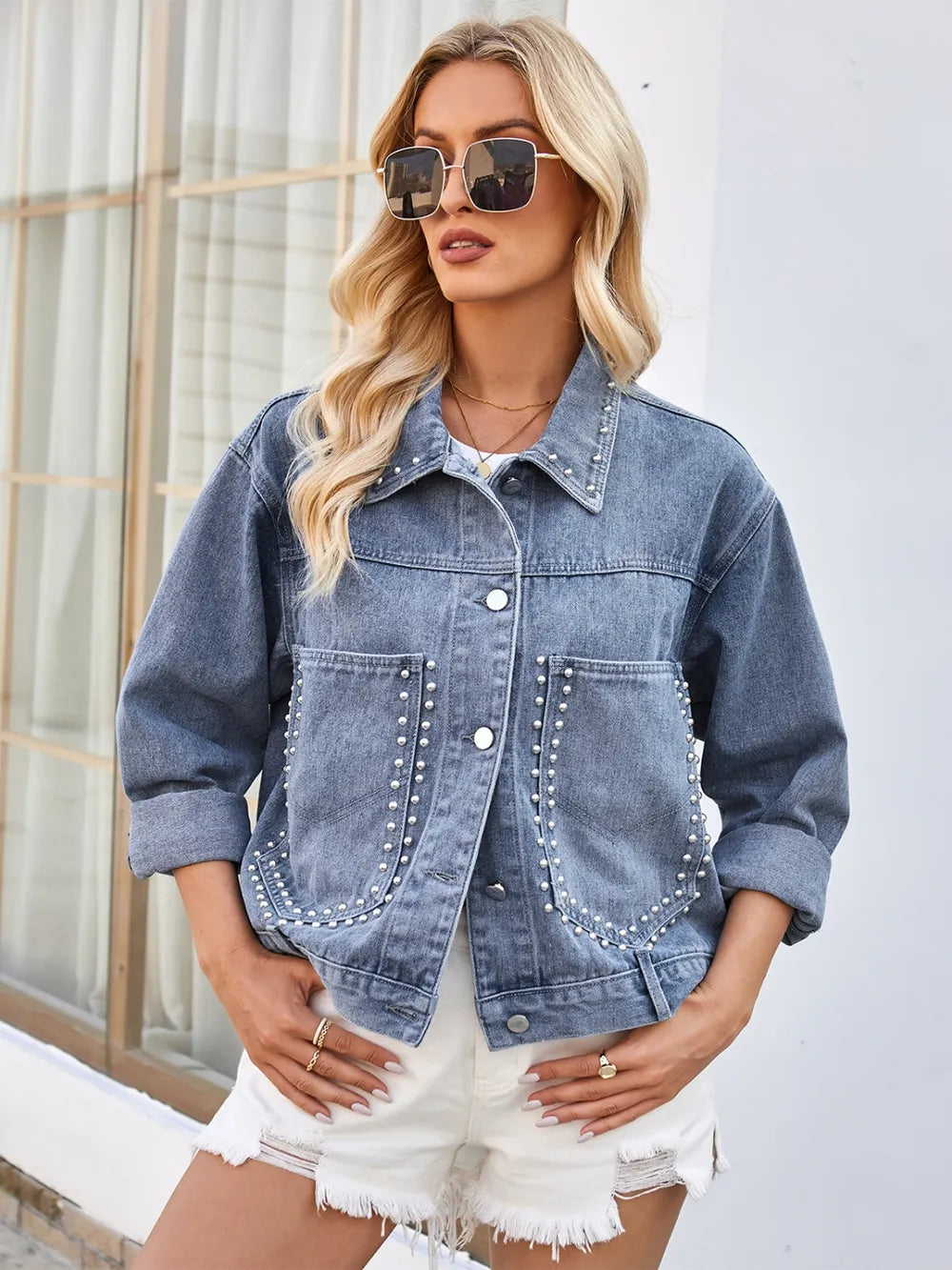 Studded Long Sleeve Denim Jacket - cas7m