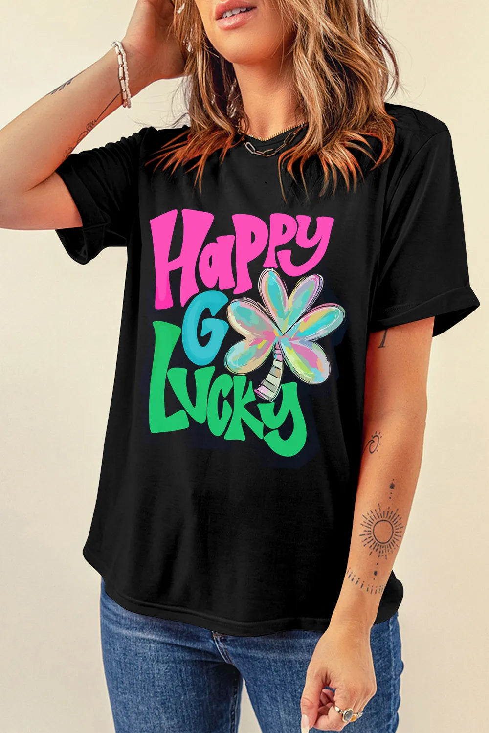 Letter Graphic Round Neck T-Shirt - cas7m