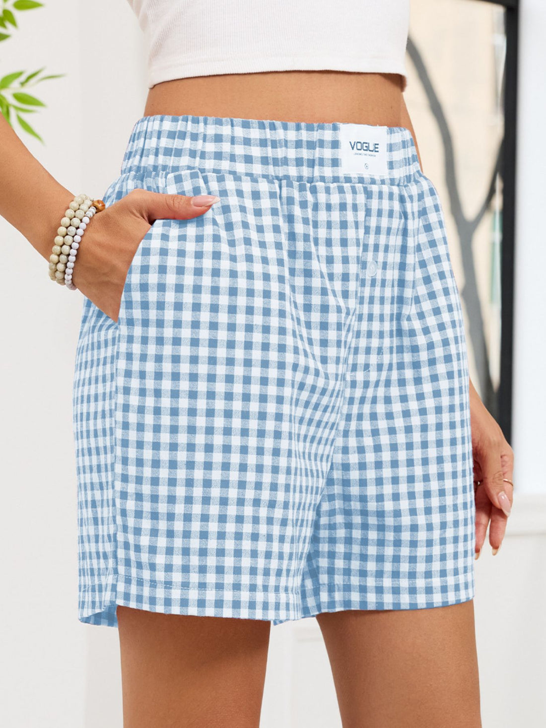 Gingham Elastic Waist Casual Shorts - cas7m