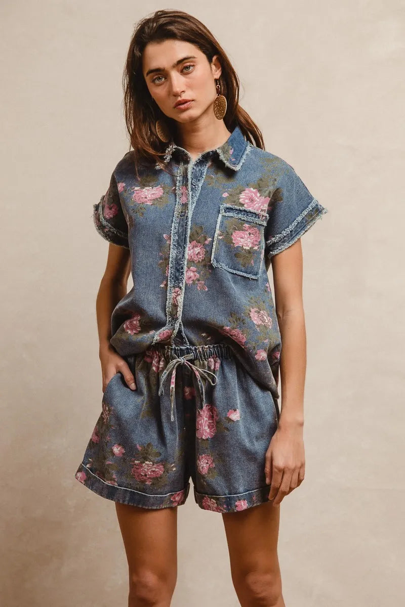 BiBi Floral Printed Denim Short Pants With Pocket - cas7m