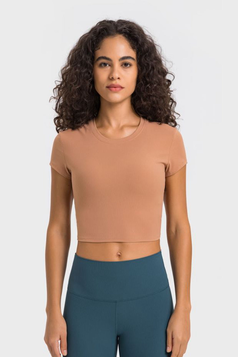 Soft Flex Cropped Yoga Top - Stretchy Solid Short Sleeve - cas7m