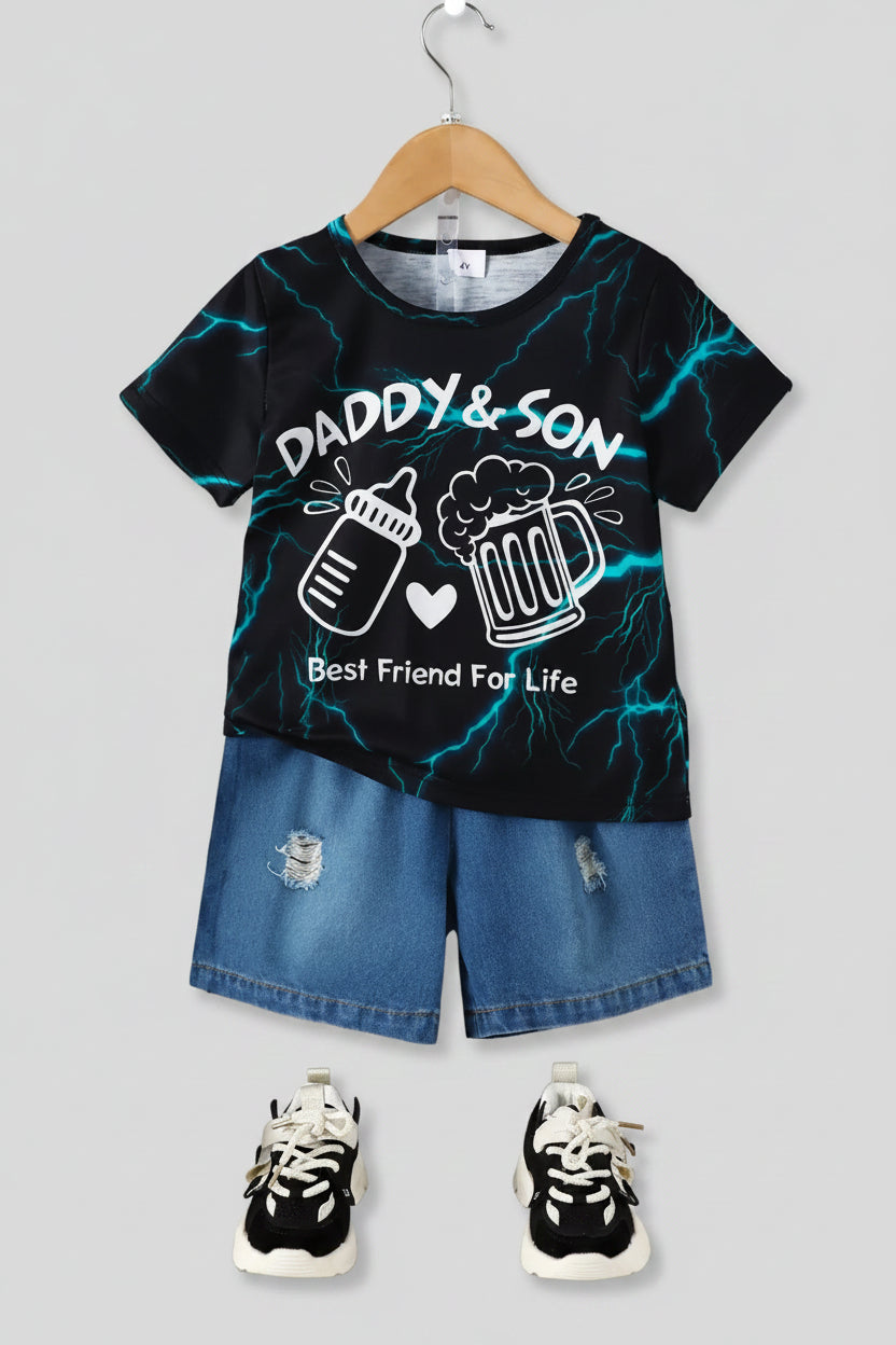 Black short-sleeved t-shirt with teal lightning bolt print and white ’daddy & son’ graphic featuring a baby bottle, heart, and beer mug.
