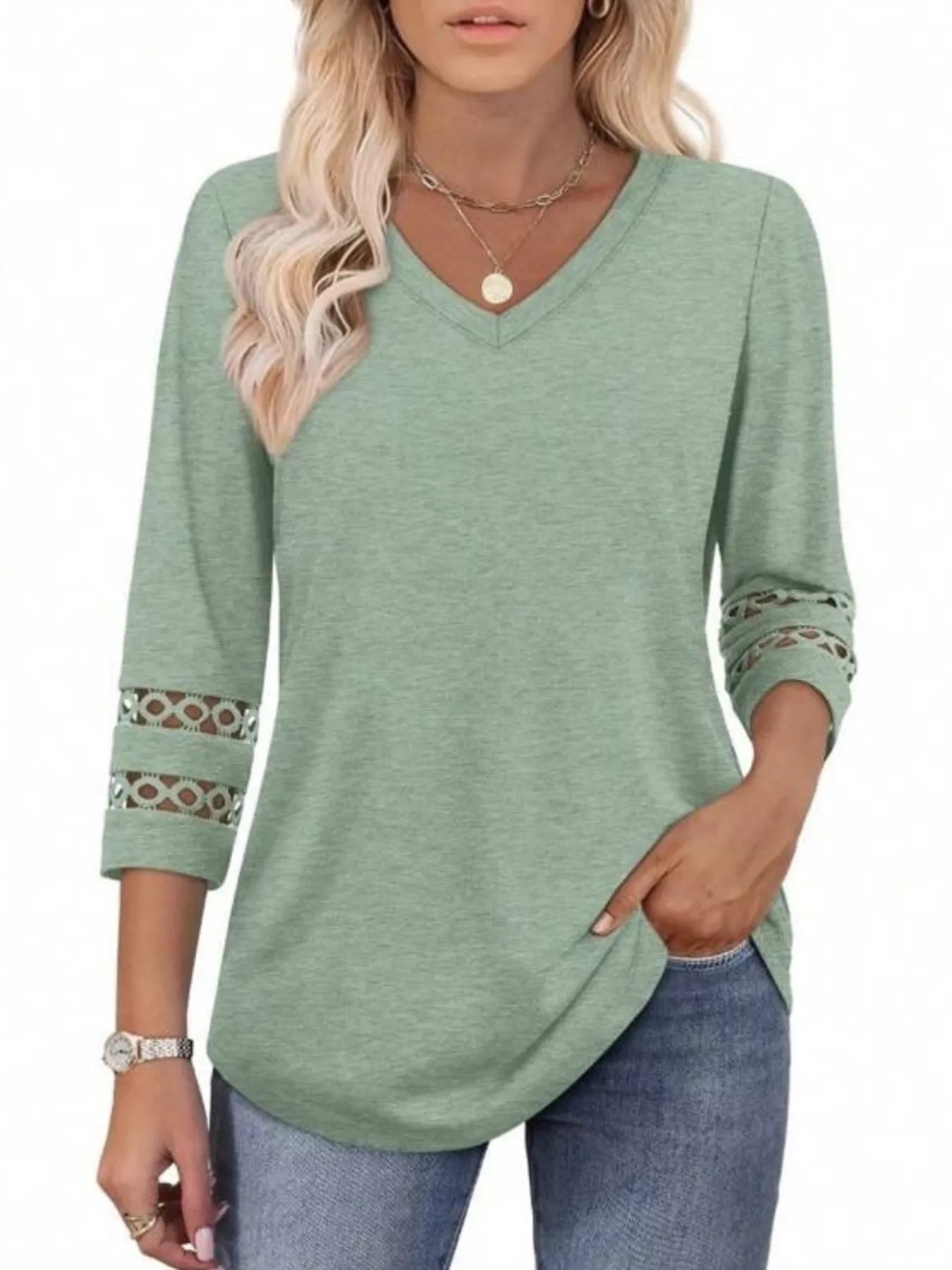 Full Size V-Neck 3/4 Sleeve T-Shirt Plus Size - cas7m