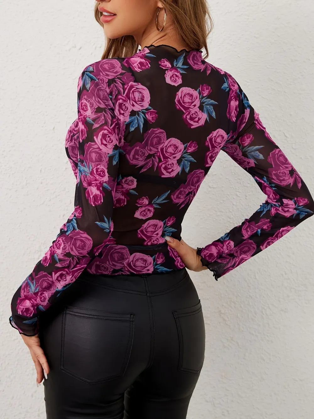 Floral Mock Neck Long Sleeve Top - cas7m