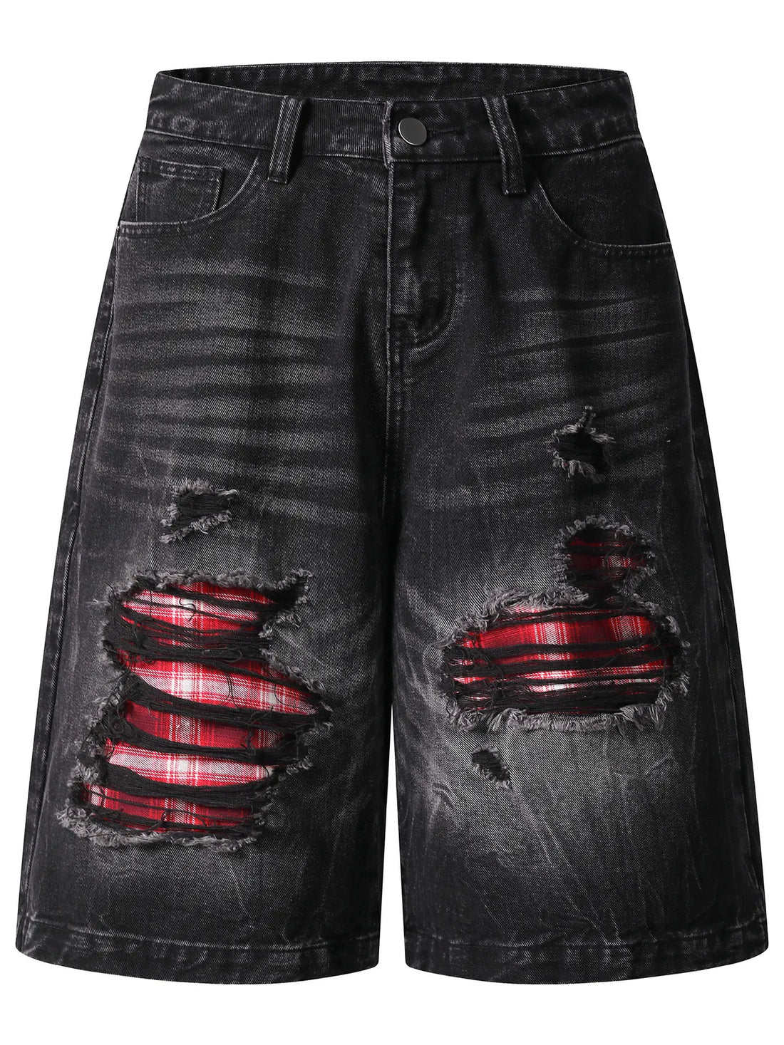 Men's Distressed Denim Shorts with Plaid Patches - cas7m