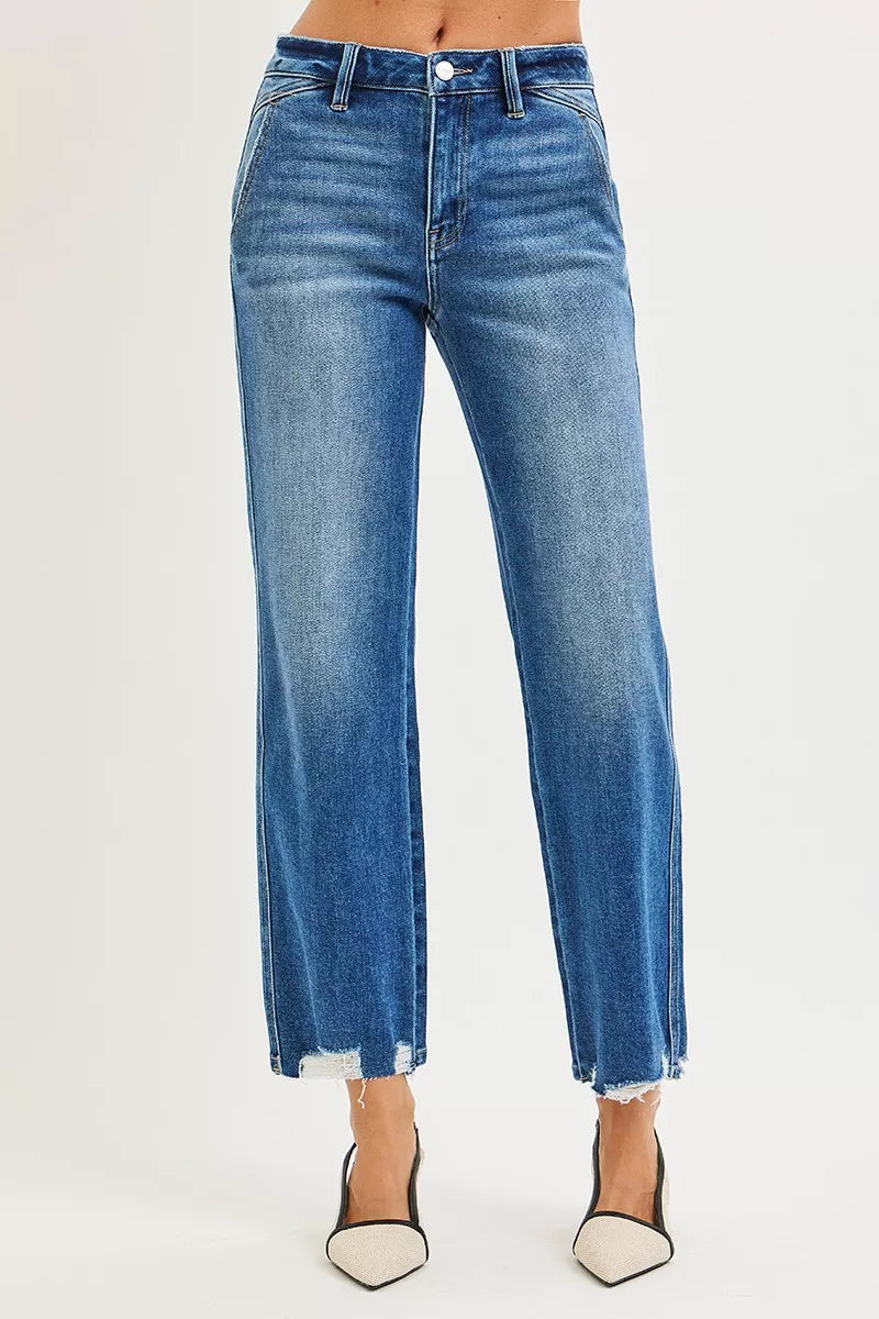 RISEN High Rise Ankle Straight Distressed Hem Detail Jeans - cas7m