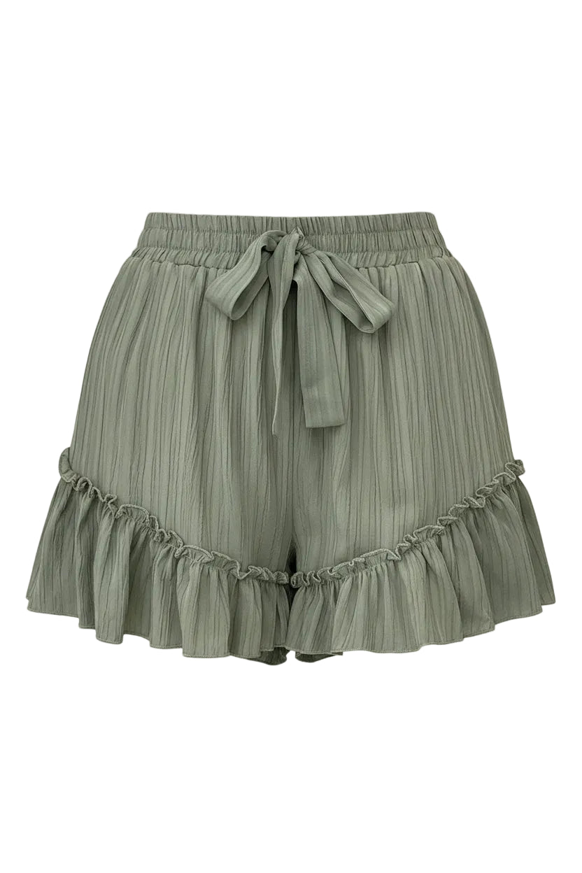 Textured Tie Waist Ruffle Hem Shorts - cas7m