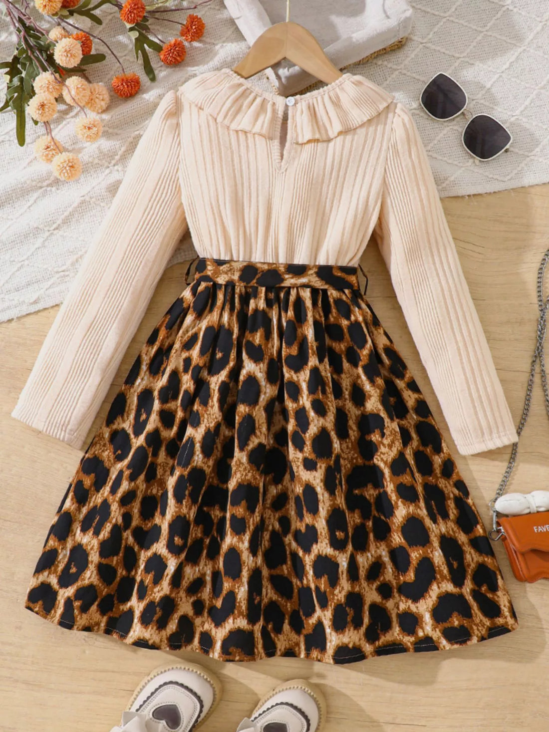 Children's Leopard Print Ruffle Collar Long Sleeve Dress - cas7m