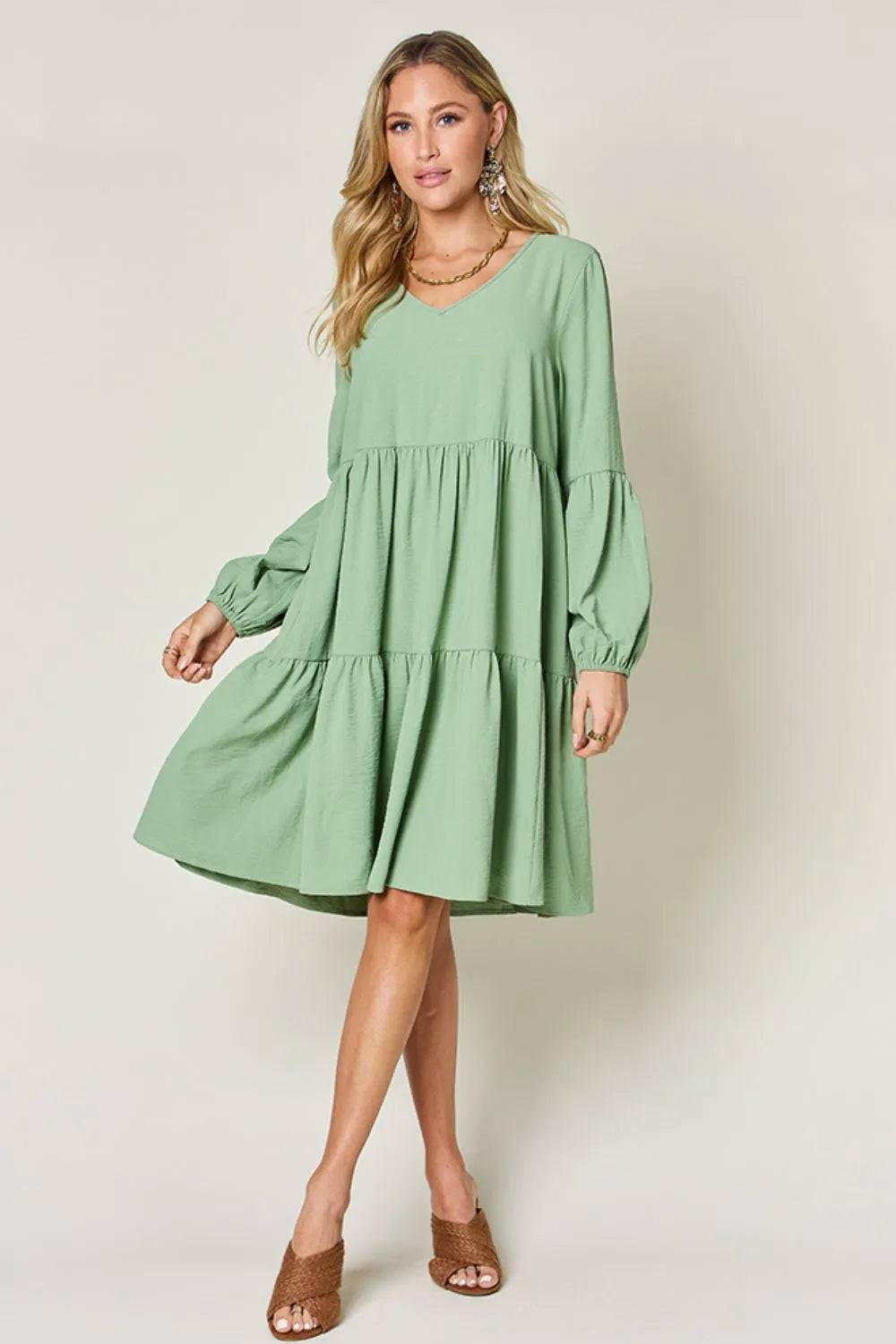 Double Take Full Size V-Neck Balloon Sleeve Tiered Dress with Pockets - cas7m